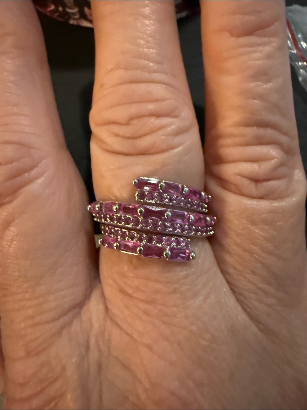 Triple-Row Pink Crystal Stackable Ring - Picture 4 of 4